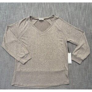 NWT FYVE Women's V-Neck Sweater Top LG Heathered Beige Raglan Sleeves Stretch